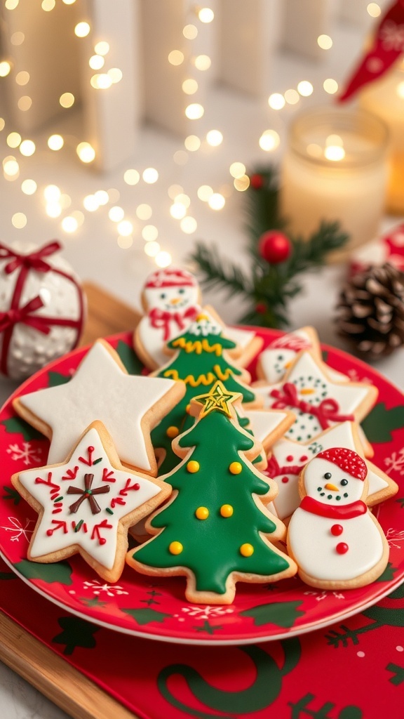 Christmas Sugar Cookies Recipe for Grandparents Decorated Christmas sugar cookies in festive shapes on a holiday-themed plate.